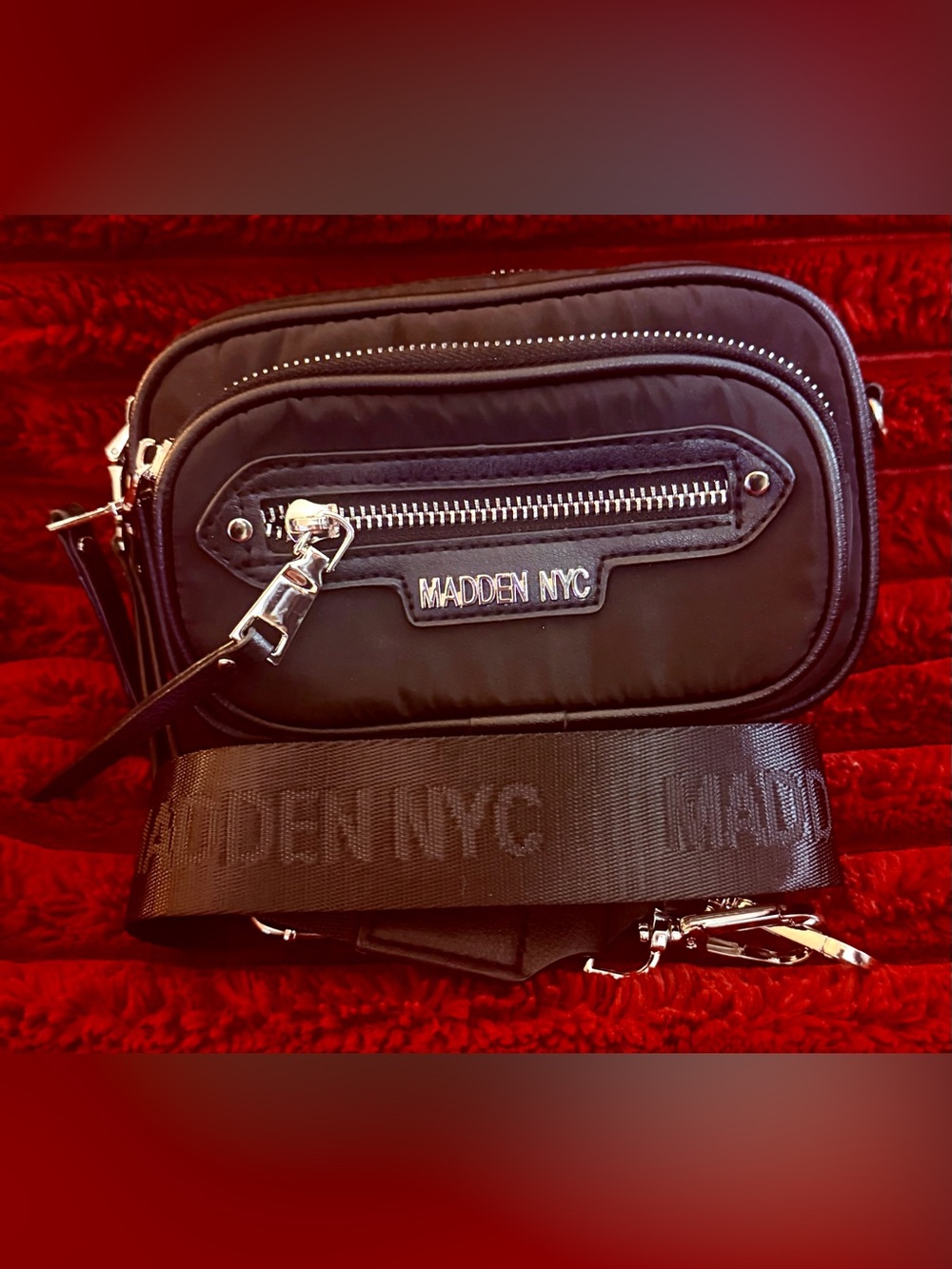 Madden NYC Black Nylon Belt Bag with Logo Strap